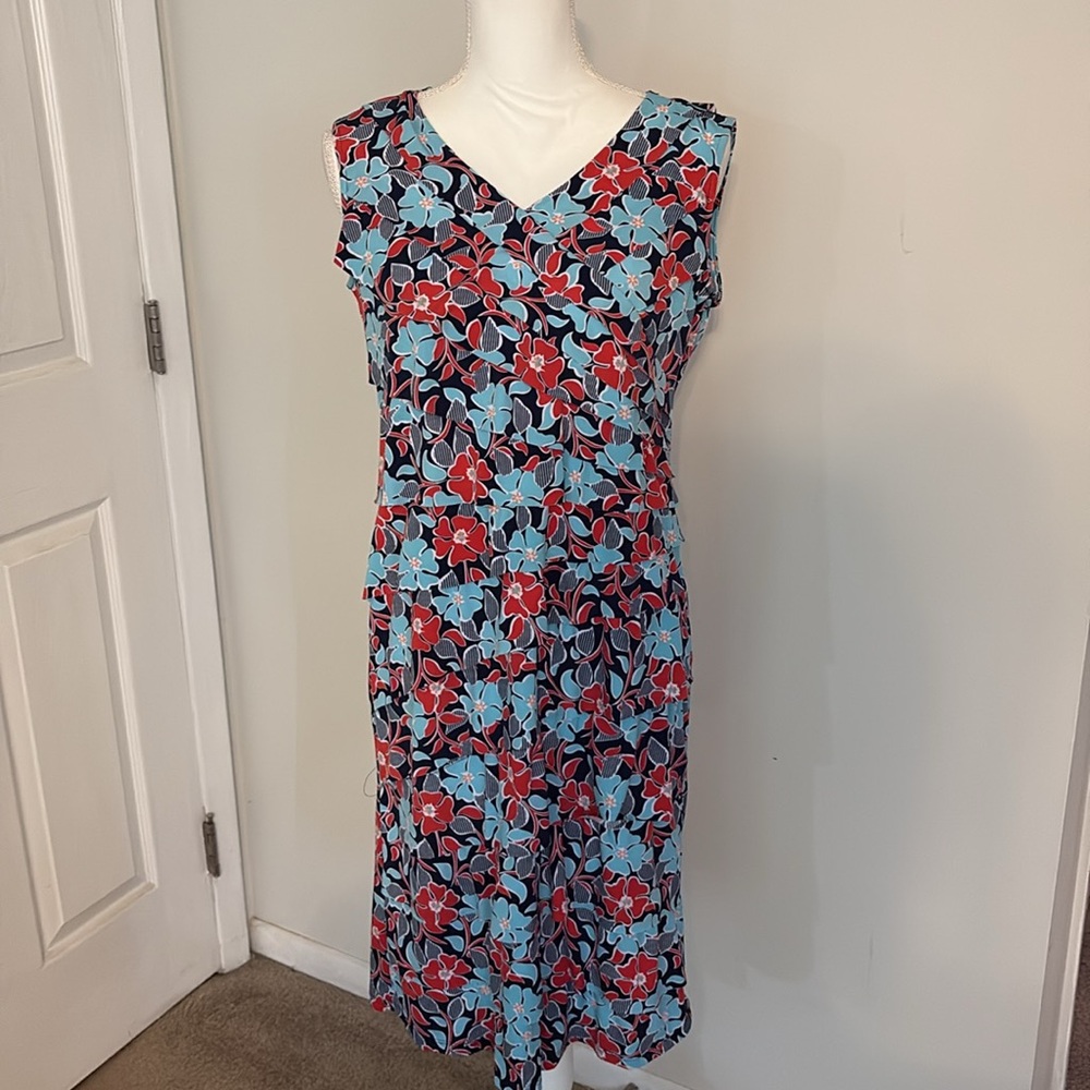 Floral Midi Dress Blue Red V Neck Sleeveless A-Line Size 8 Summer - Picture 8 of 9